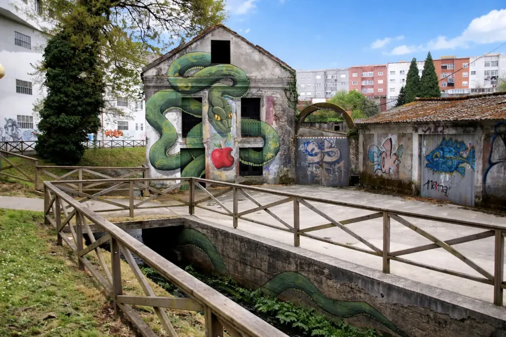 Antigua construcción industrial en Ordes con un grafiti de una serpiente verde pintado en la fachada, pasarela de madera y canal de agua en primer plano.