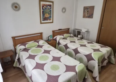 Habitación doble con dos camas individuales en el Hostal Louro en Ordes, equipada con mesilla, lámpara y ropa de cama.